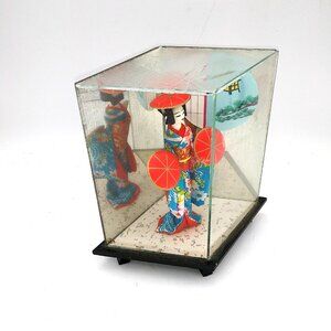 Vintage Japanese Geisha Doll Red Kimono with Umbrellas In Shadow Box 6.5" Tall